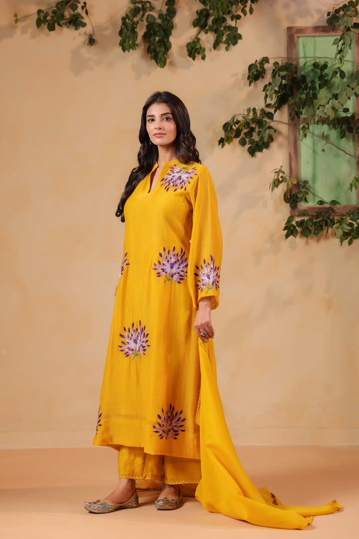 Yellow Machine Embroidered Full Chanderi Suit
