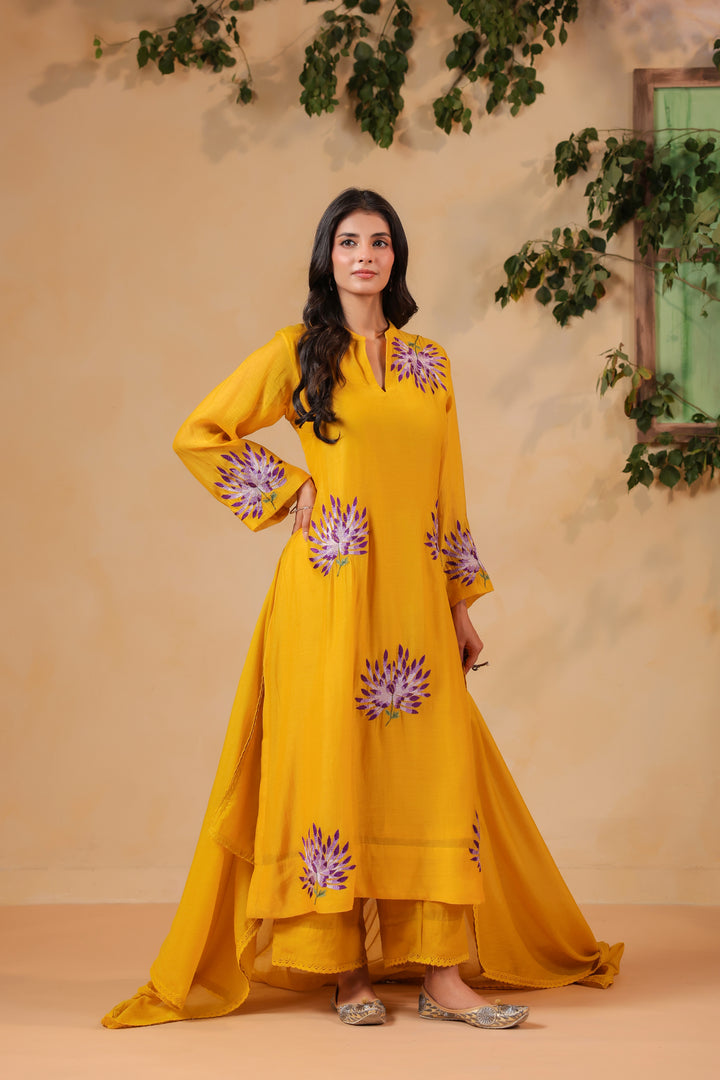 Yellow Machine Embroidered Full Chanderi Suit