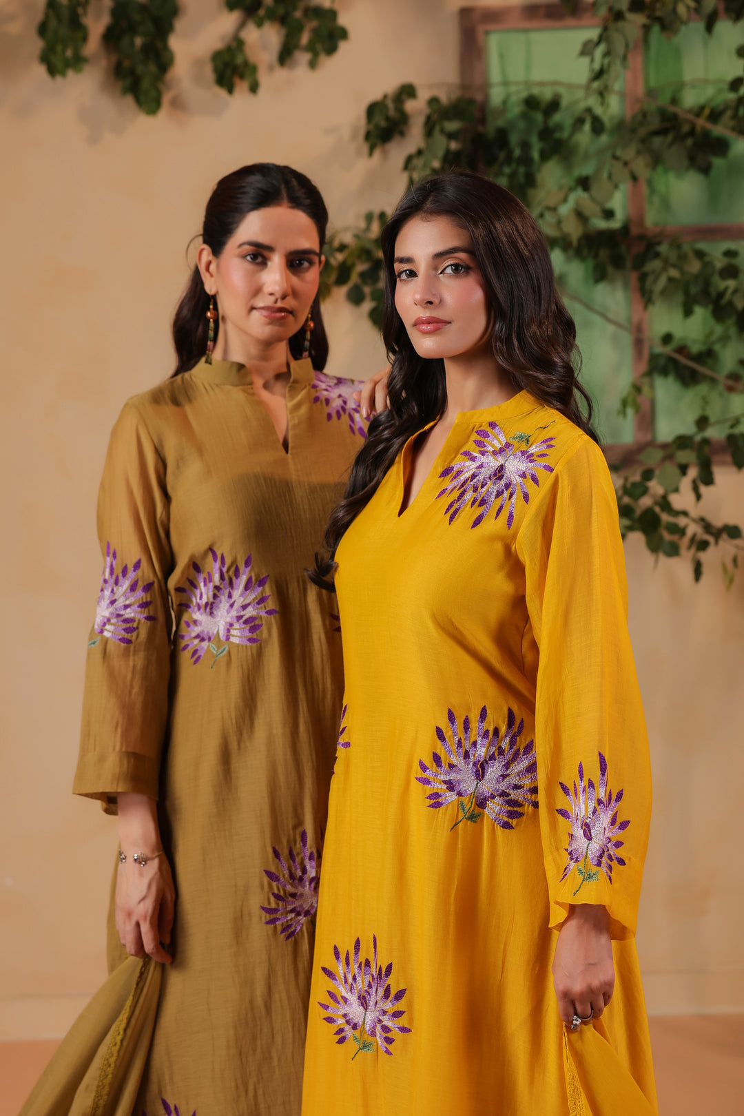 Dark Olive Green Machine Embroidered Full Chanderi Suit