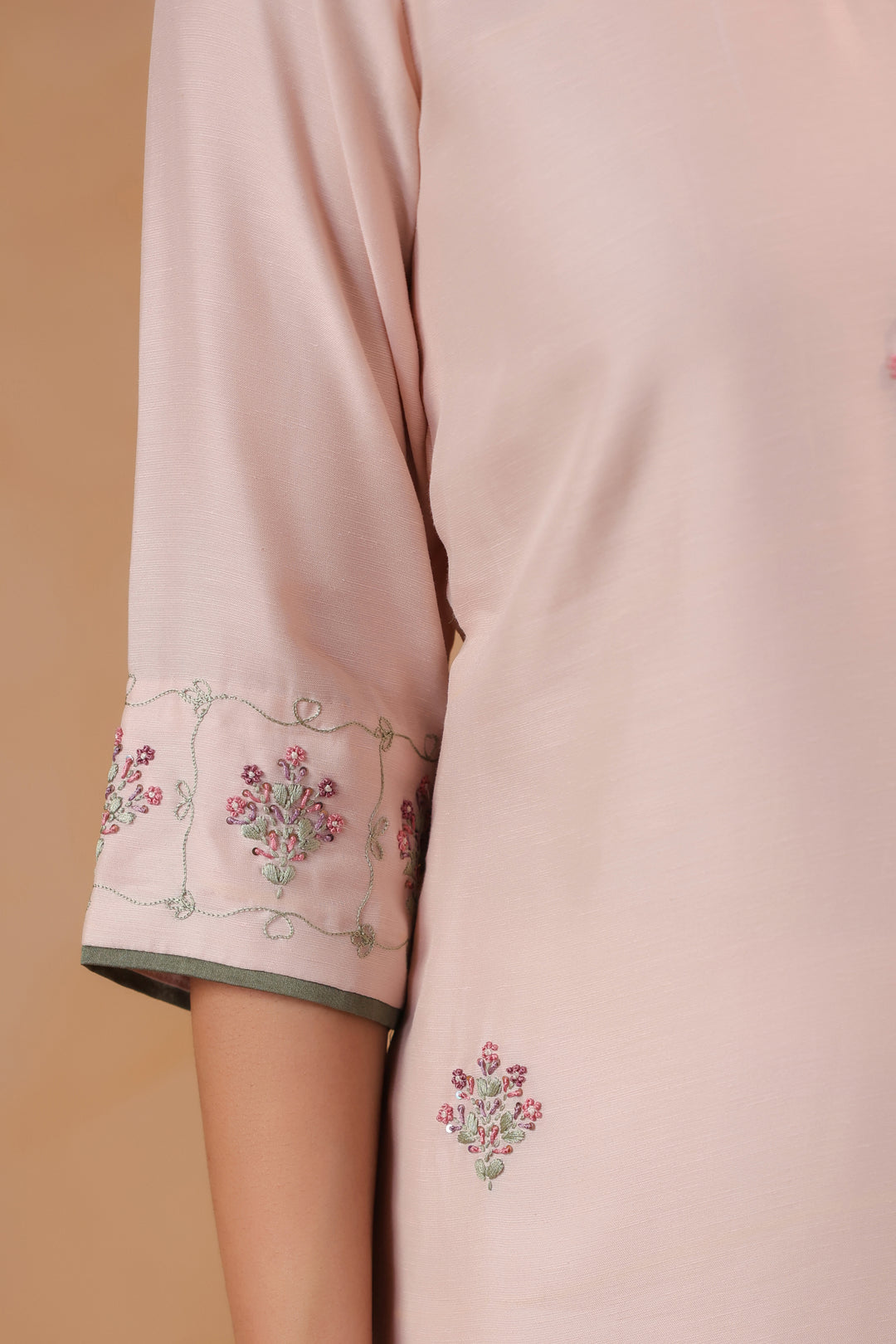 Light Pink / Green Hand Embroidered Full Linen Satin Suit