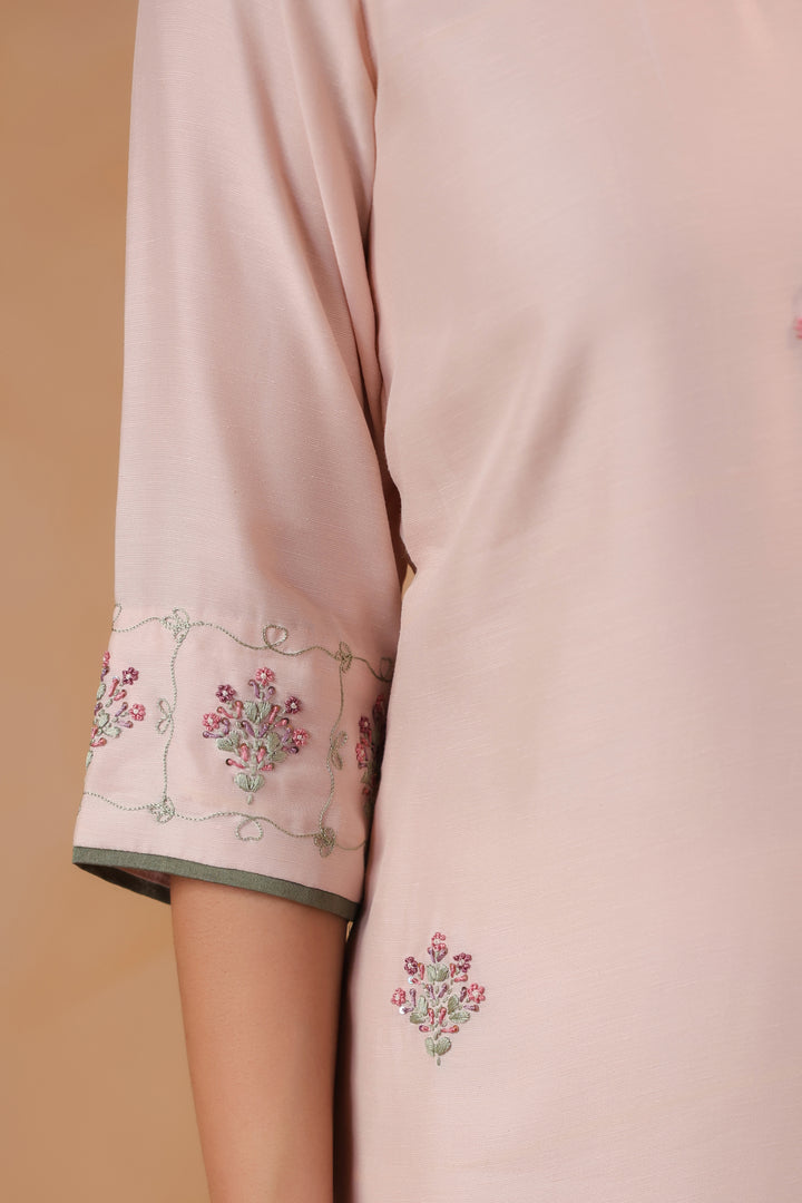 Light Pink / Green Hand Embroidered Full Linen Satin Suit