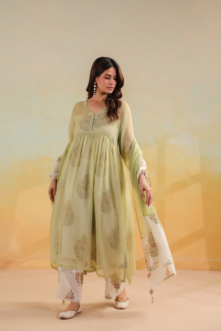 Tea Green Kota Doria Kurta Set
