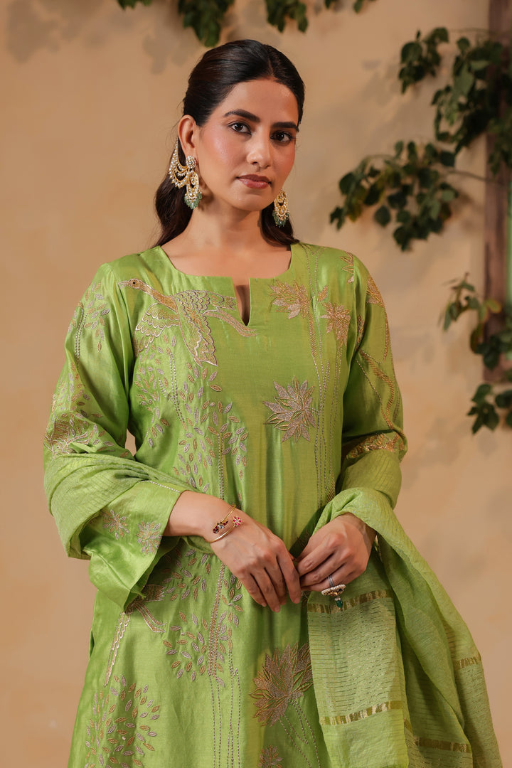 Green / Grey Blue Machine Embroidered Full Chanderi Suit