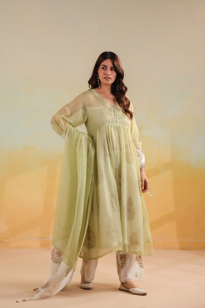 Tea Green Kota Doria Kurta Set