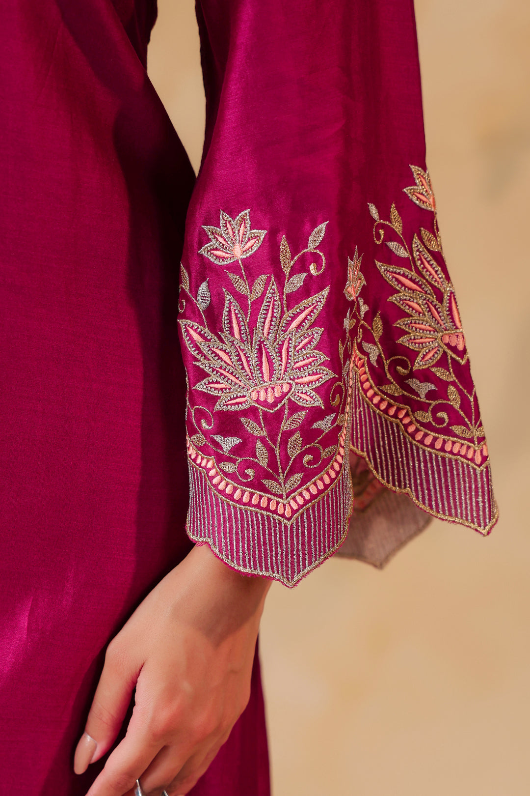 Wine / Orange Peach Machine Embroidered Full Chanderi Suit