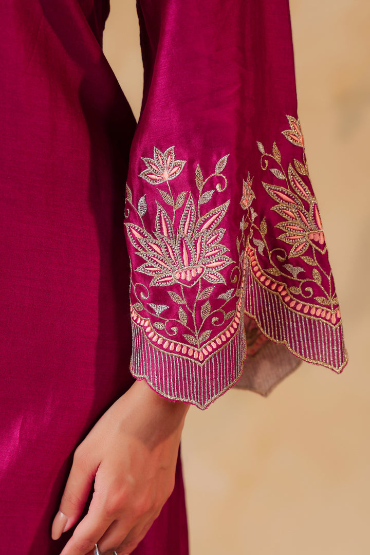 Wine / Orange Peach Machine Embroidered Full Chanderi Suit