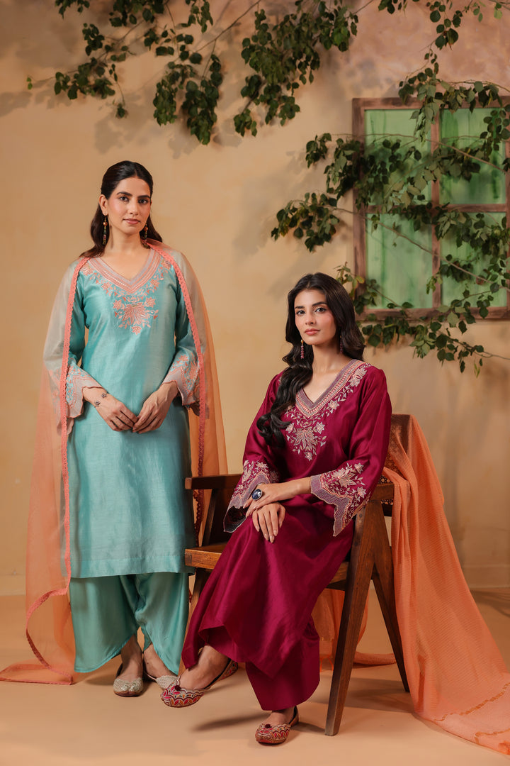Maroon / Orange Peach Machine Embroidered Full Chanderi Suit