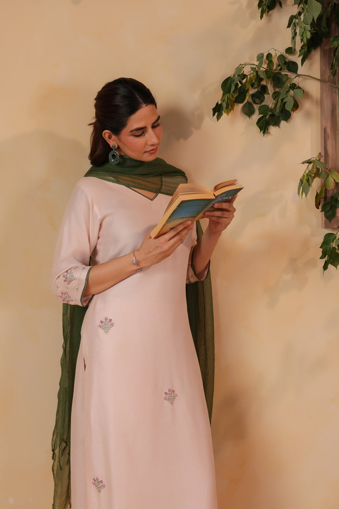 Light Pink / Green Hand Embroidered Full Linen Satin Suit