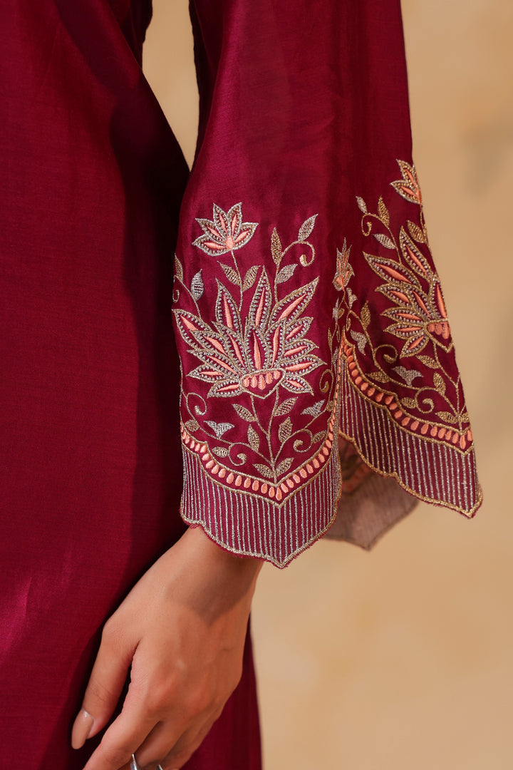 Maroon / Orange Peach Machine Embroidered Full Chanderi Suit