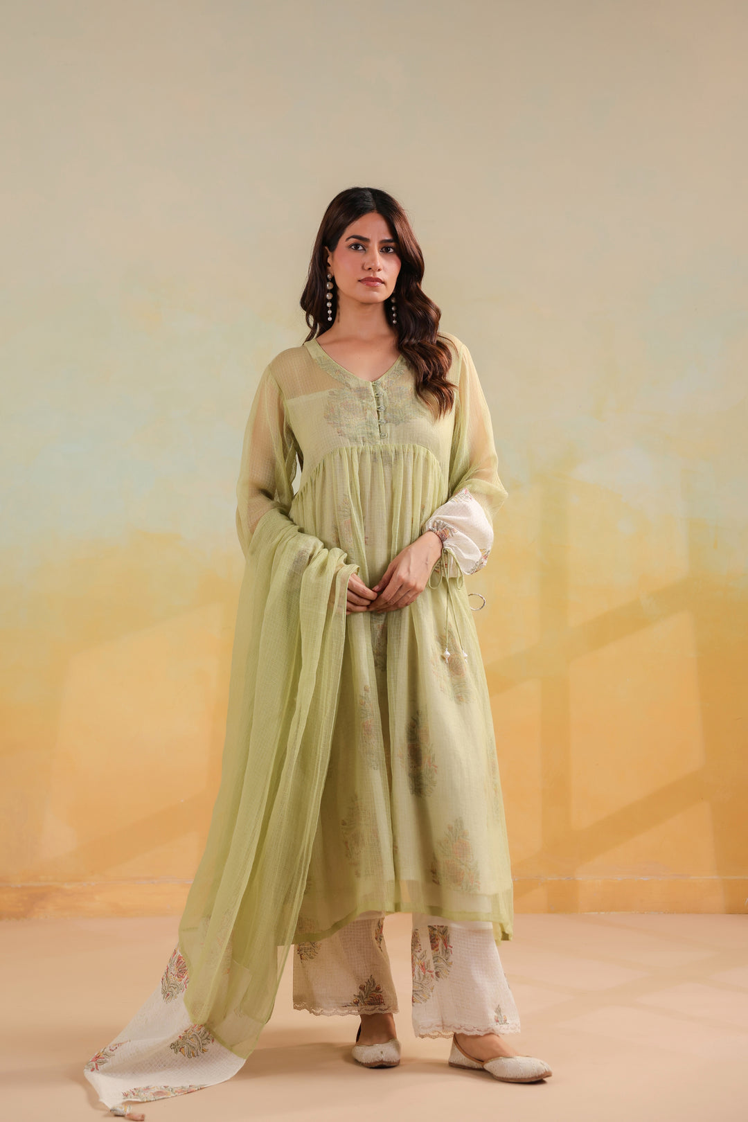 Tea Green Kota Doria Kurta Set