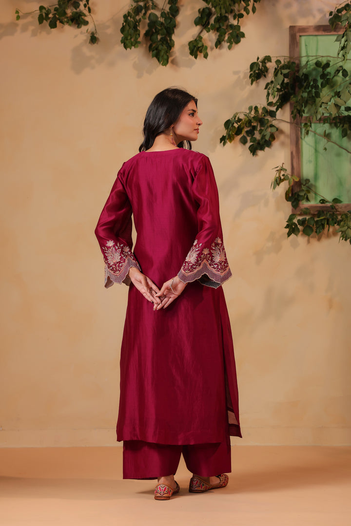 Maroon / Orange Peach Machine Embroidered Full Chanderi Suit