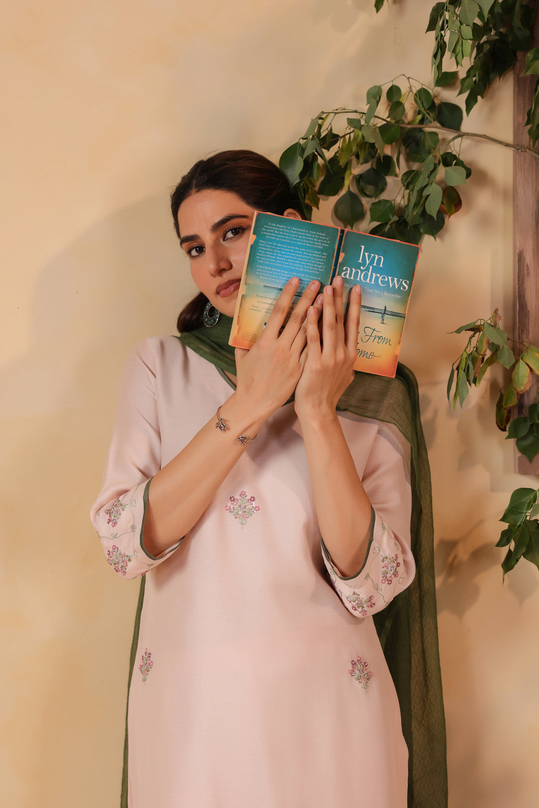Light Pink / Green Hand Embroidered Full Linen Satin Suit