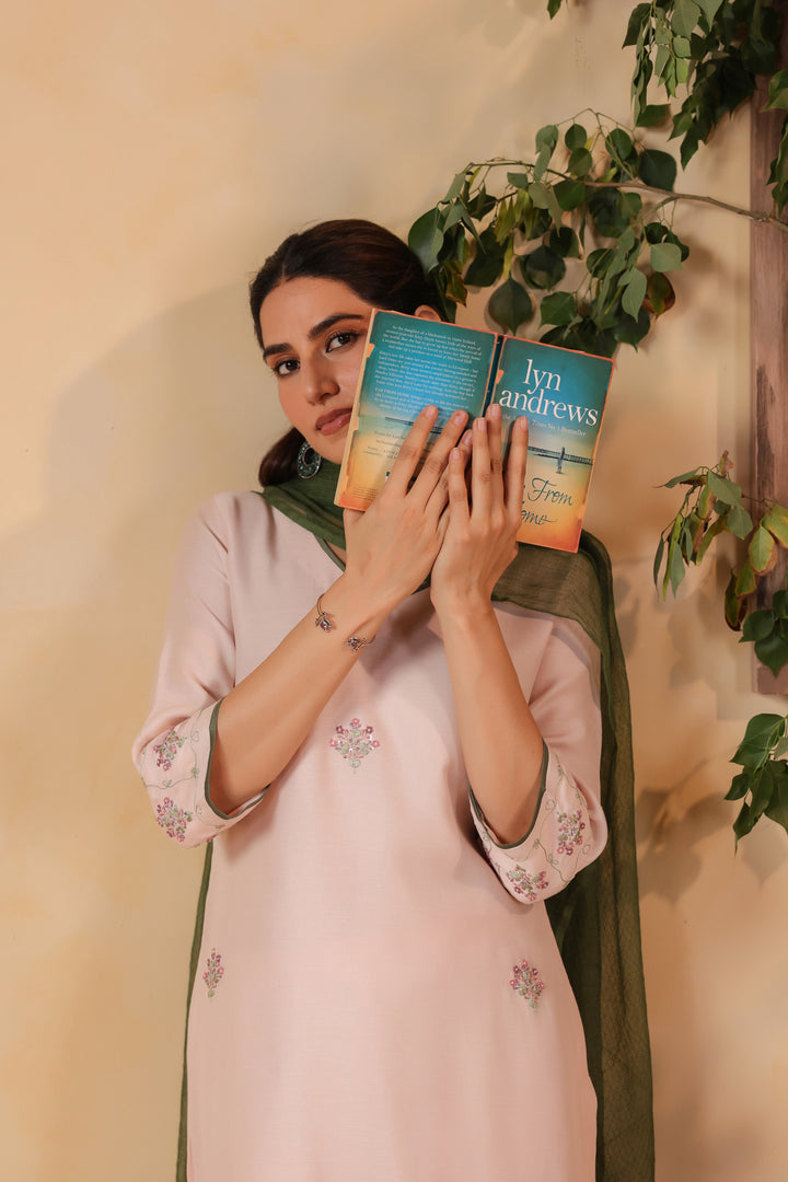 Light Pink / Green Hand Embroidered Full Linen Satin Suit