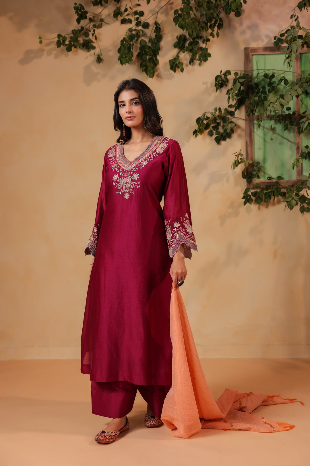 Maroon / Orange Peach Machine Embroidered Full Chanderi Suit