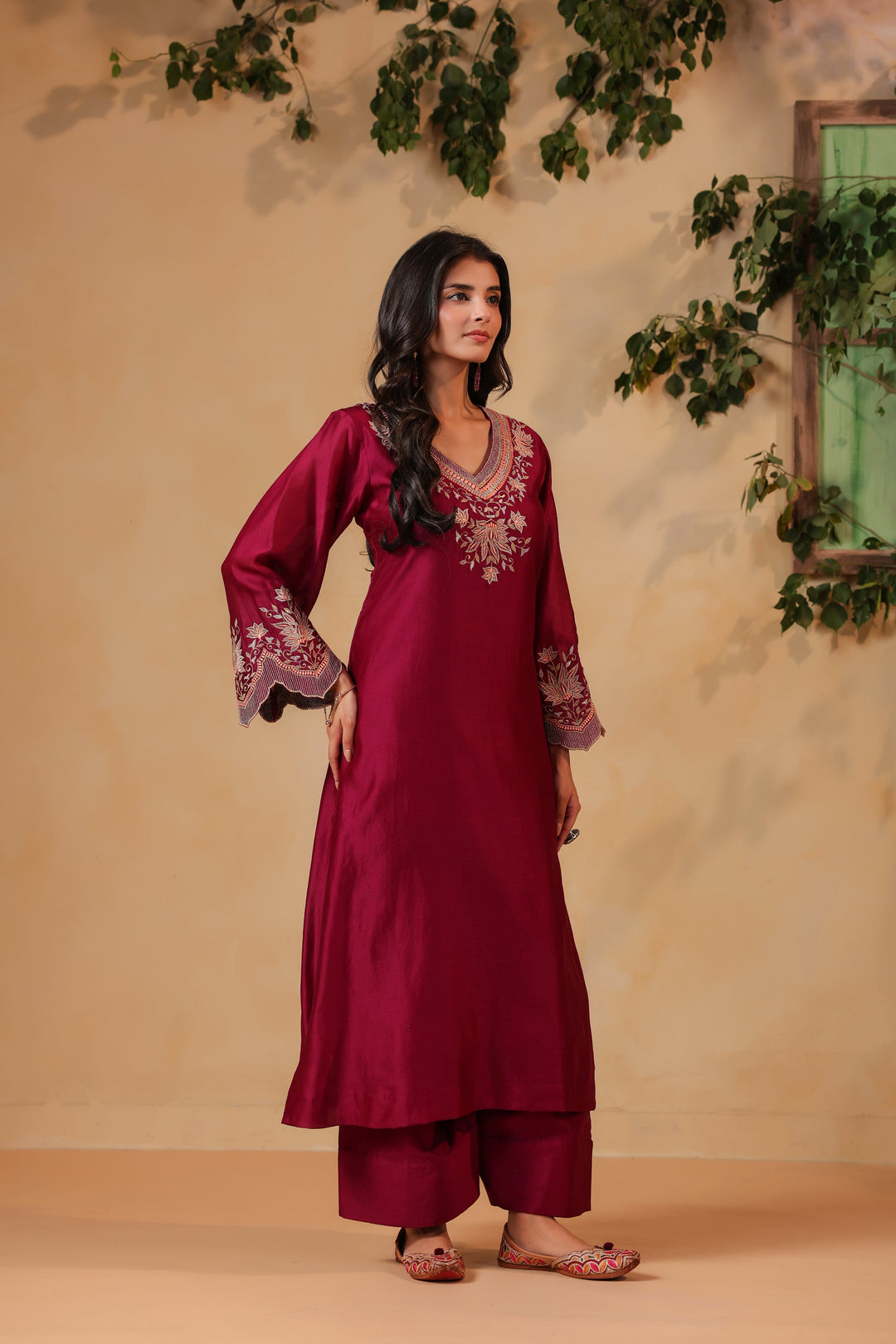 Maroon / Orange Peach Machine Embroidered Full Chanderi Suit