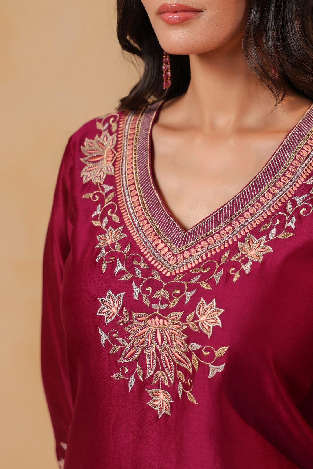 Maroon / Orange Peach Machine Embroidered Full Chanderi Suit