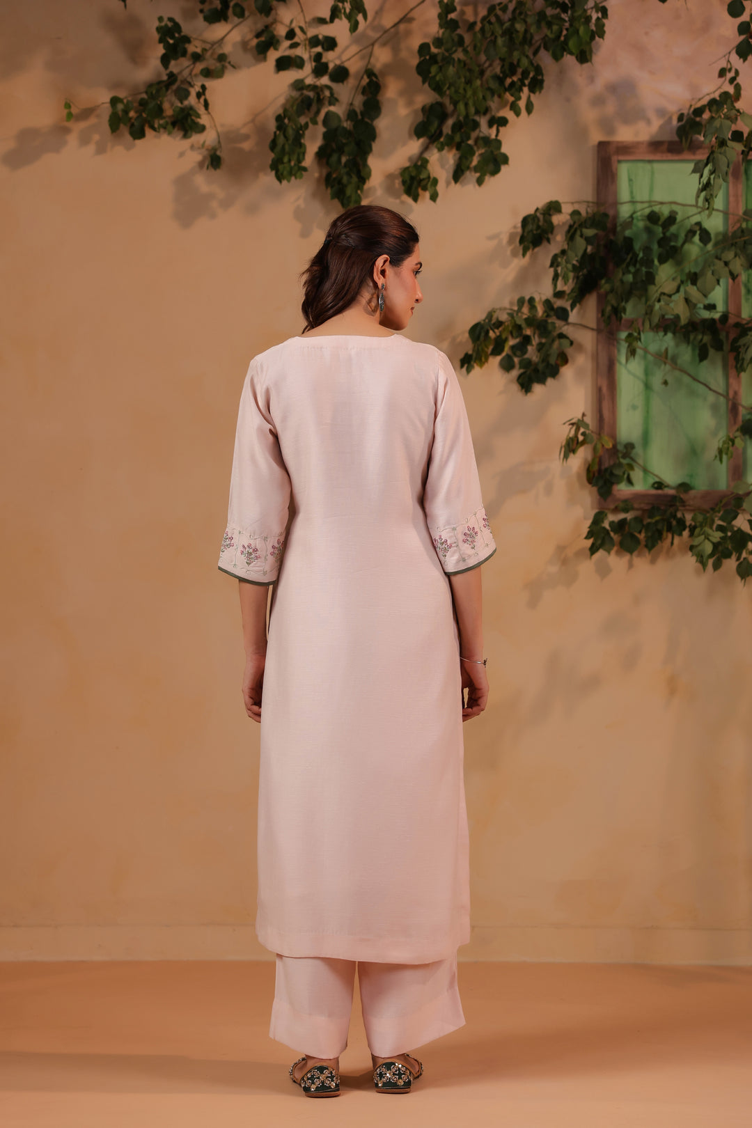 Light Pink / Green Hand Embroidered Full Linen Satin Suit