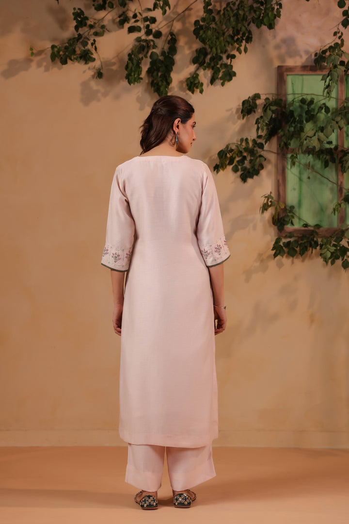 Light Pink / Green Hand Embroidered Full Linen Satin Suit