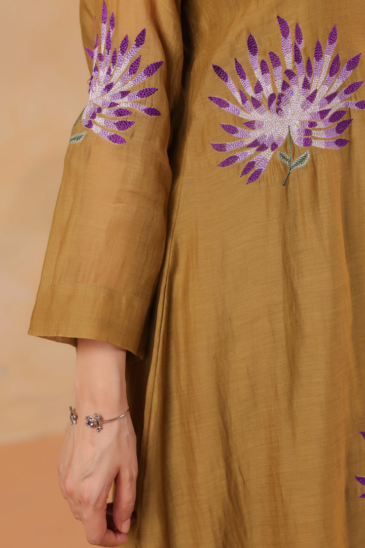 Dark Olive Green Machine Embroidered Full Chanderi Suit