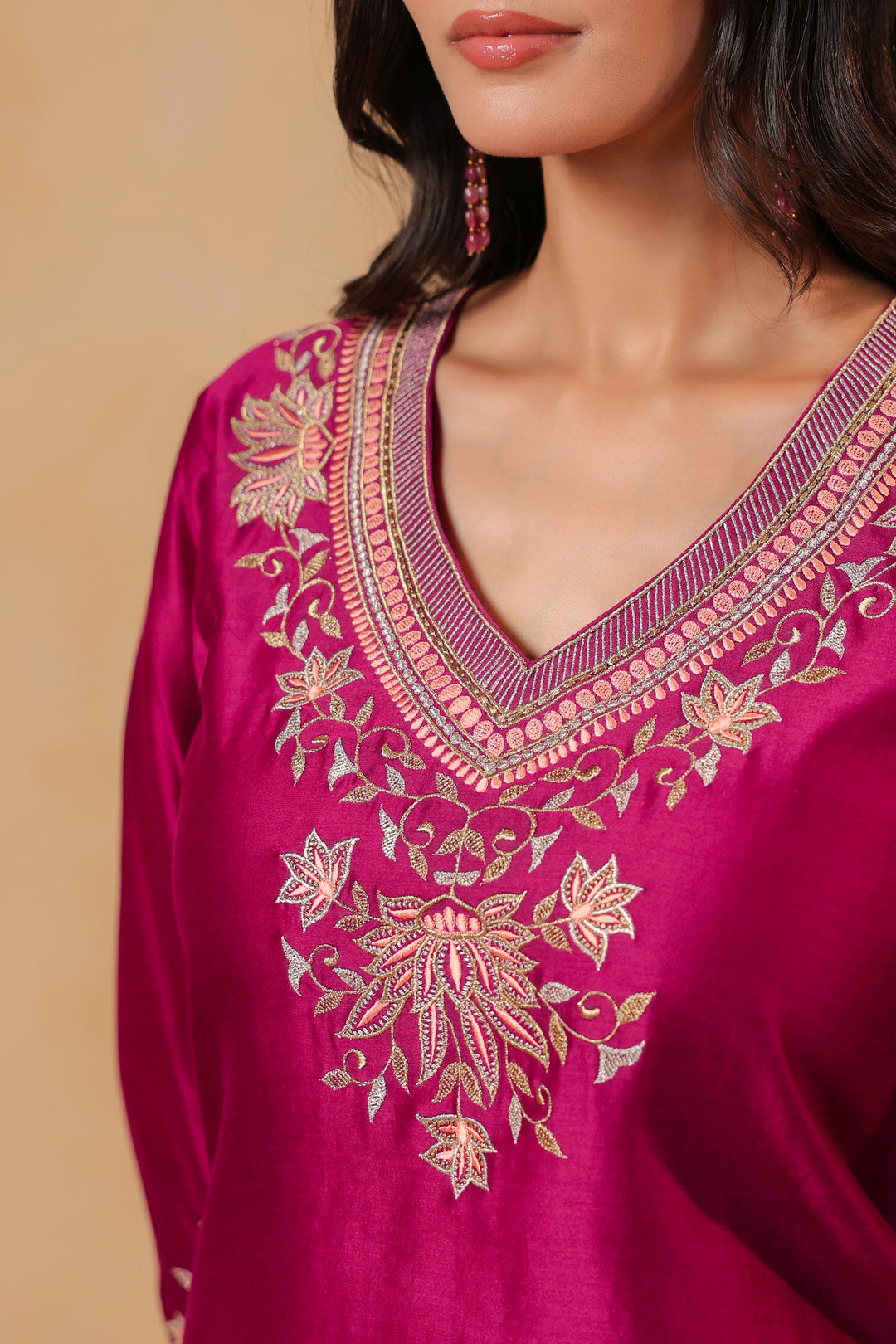 Wine / Orange Peach Machine Embroidered Full Chanderi Suit