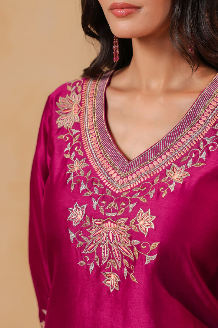 Wine / Orange Peach Machine Embroidered Full Chanderi Suit