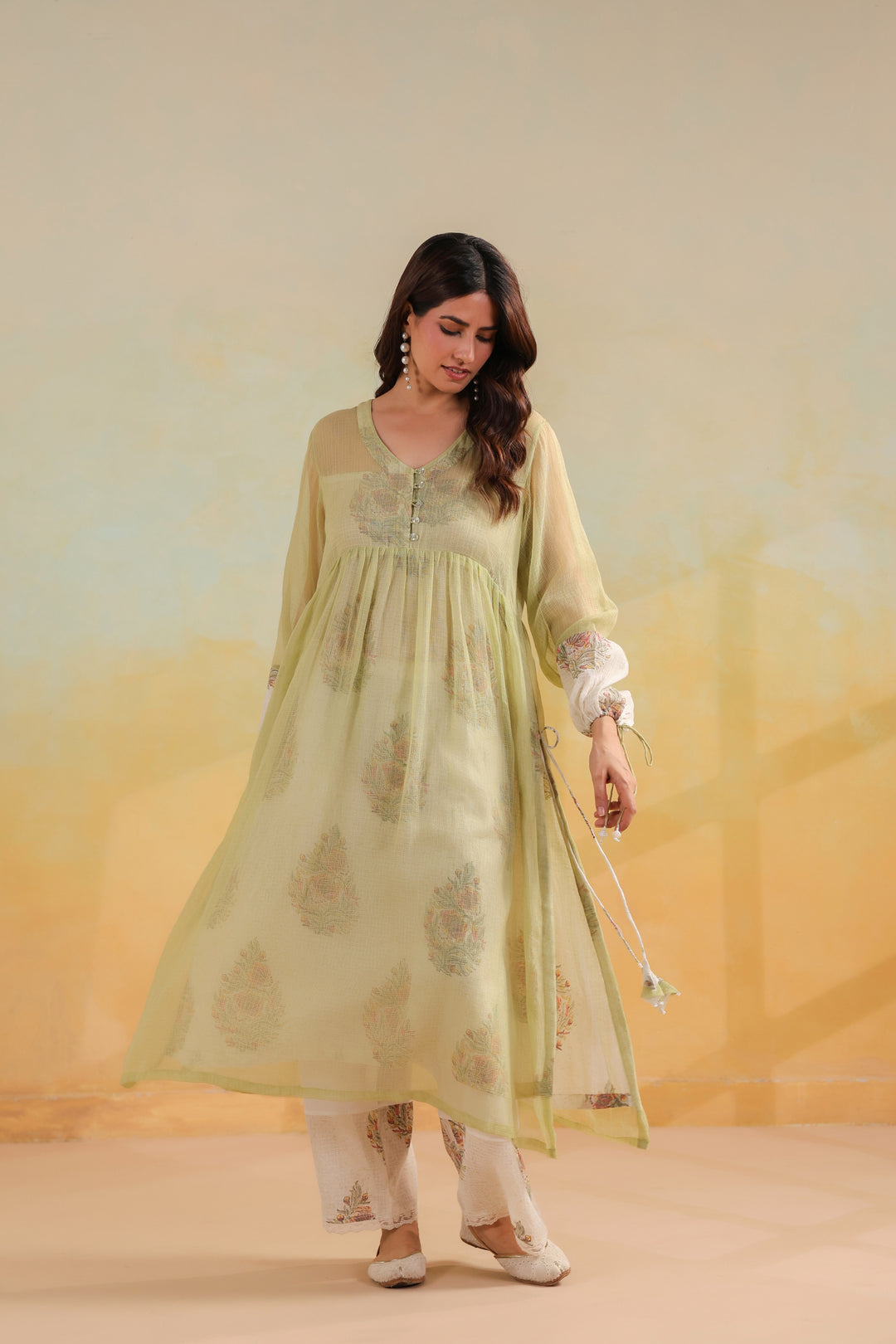 Tea Green Kota Doria Kurta Set