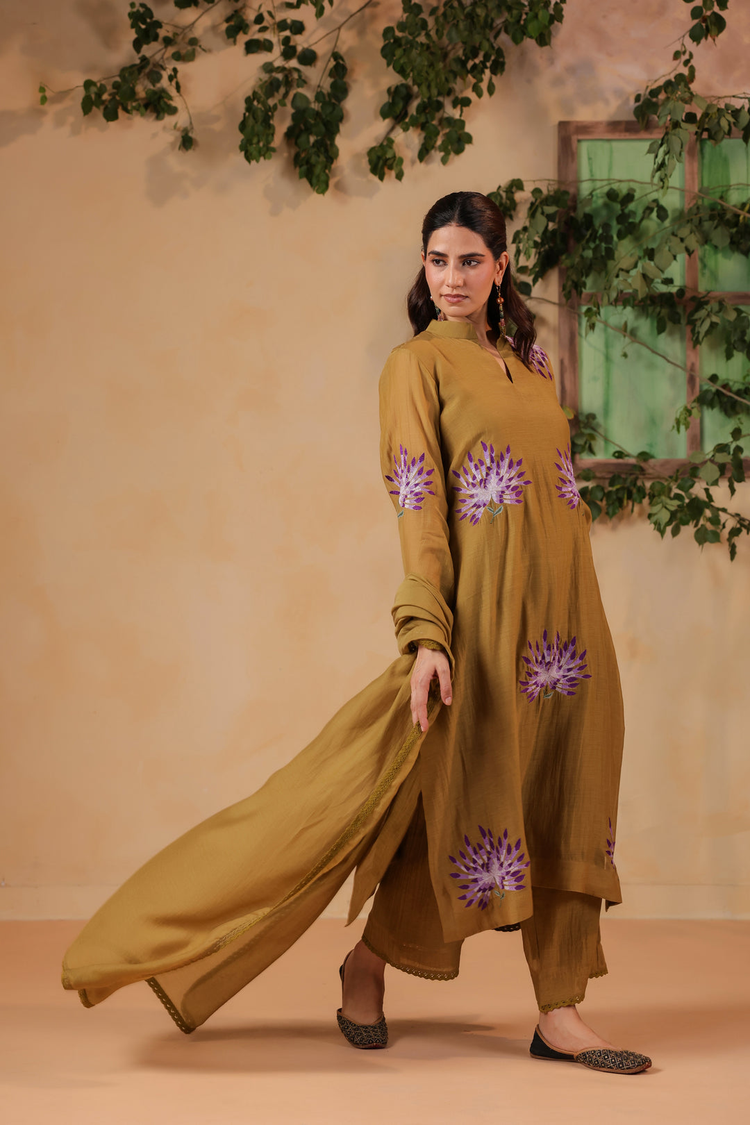 Dark Olive Green Machine Embroidered Full Chanderi Suit
