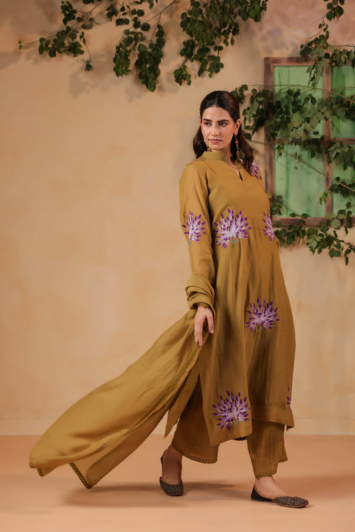 Dark Olive Green Machine Embroidered Full Chanderi Suit