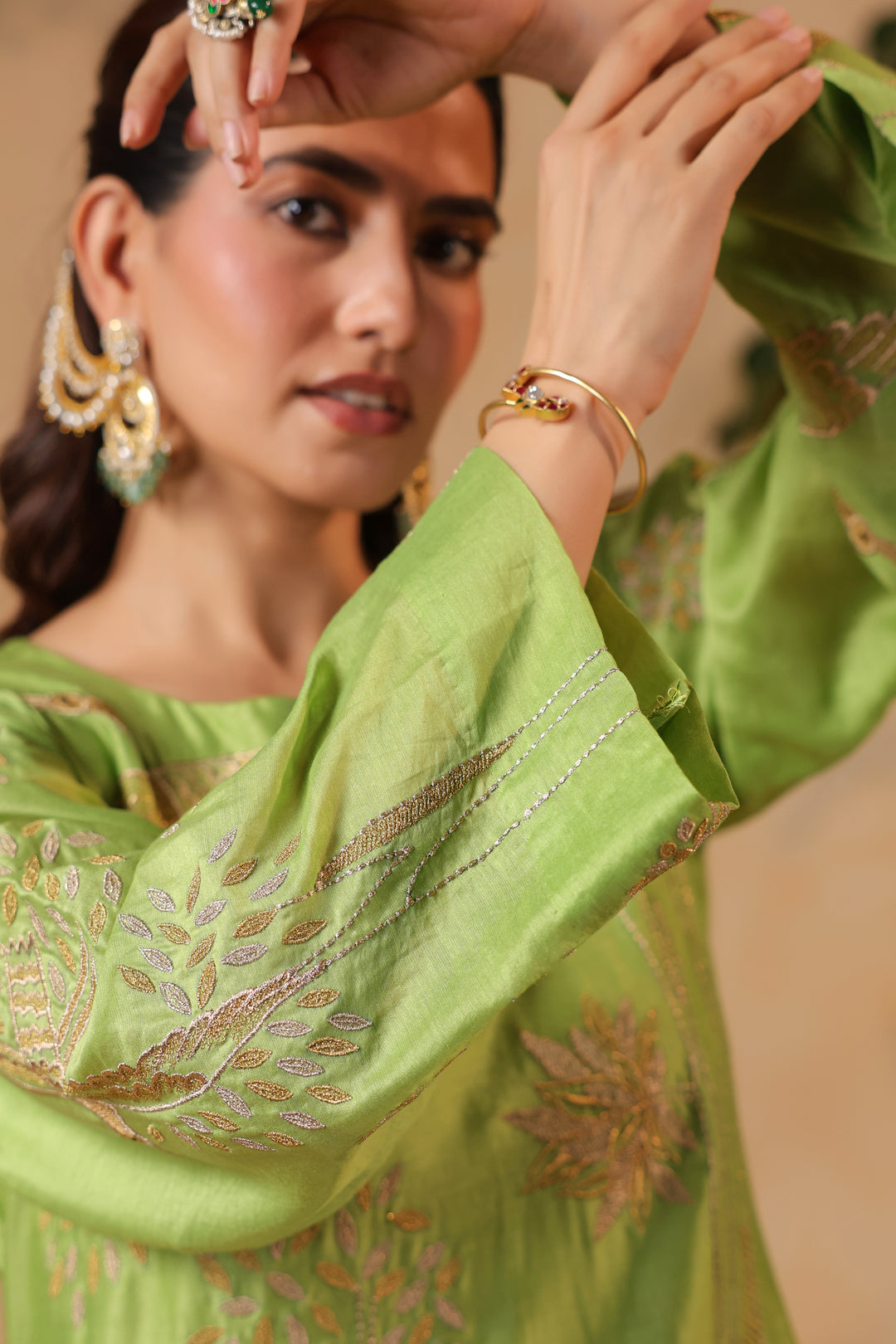 Green / Grey Blue Machine Embroidered Full Chanderi Suit
