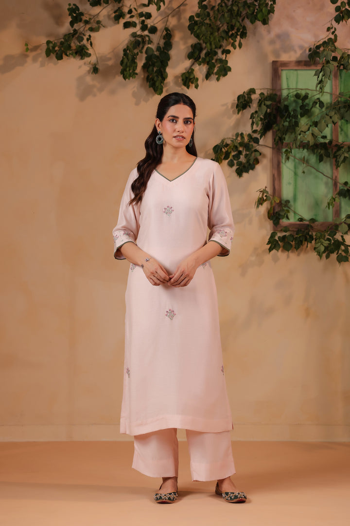 Light Pink / Green Hand Embroidered Full Linen Satin Suit