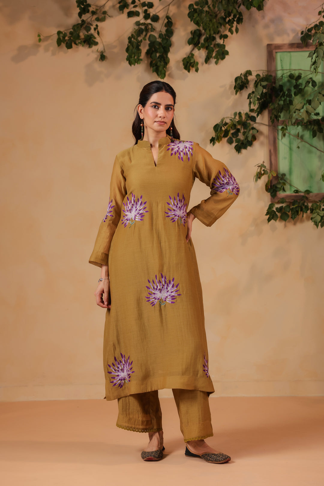 Dark Olive Green Machine Embroidered Full Chanderi Suit