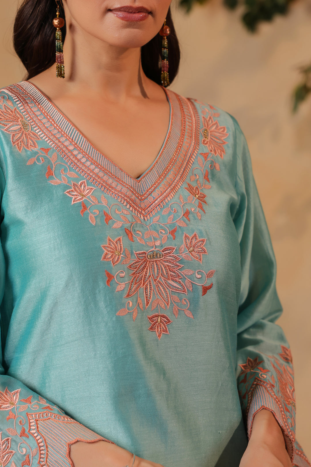 Blue / Orange Peach Contrast Embroidered Lungi / Dhoti Suit Set
