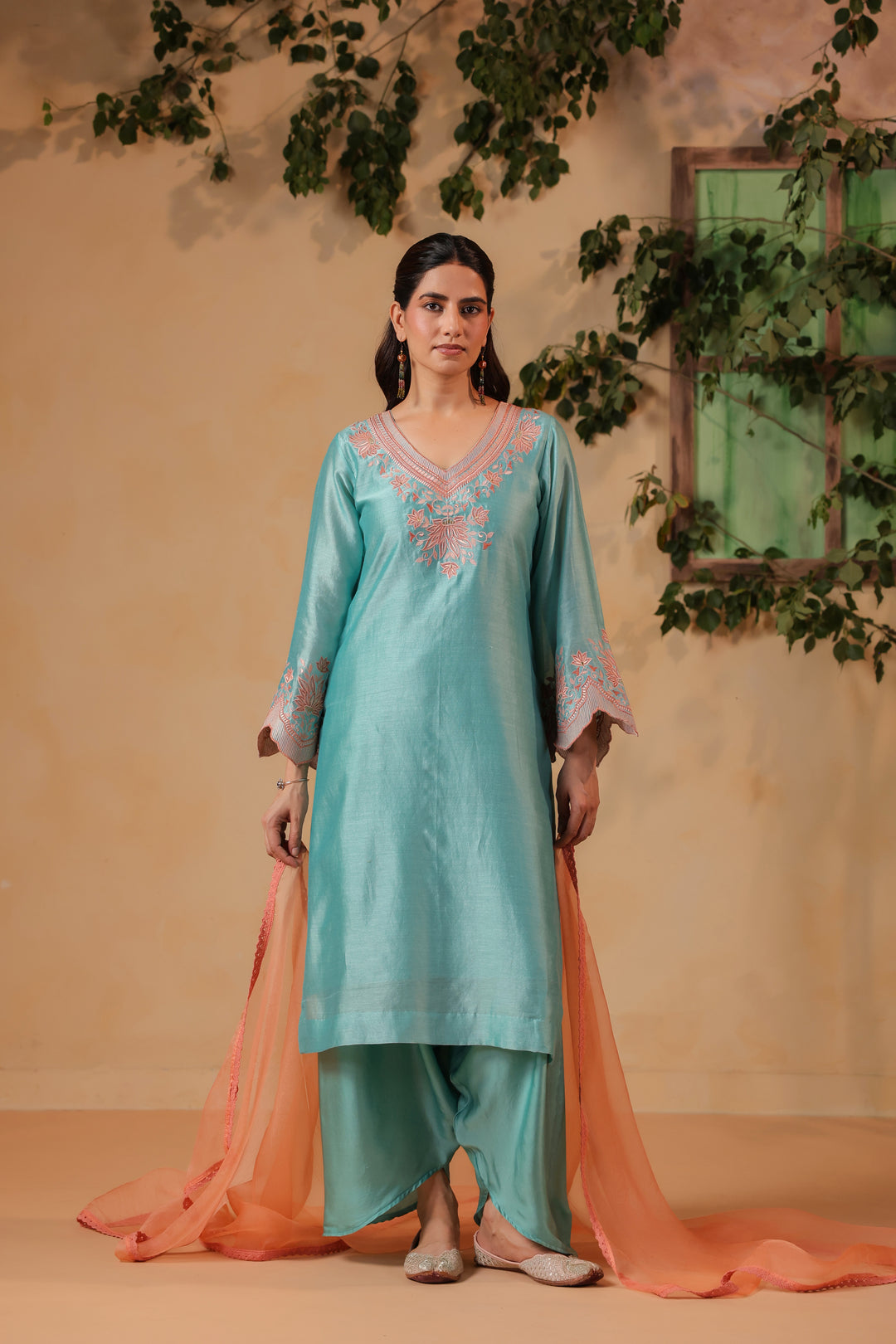 Blue / Orange Peach Contrast Embroidered Lungi / Dhoti Suit Set