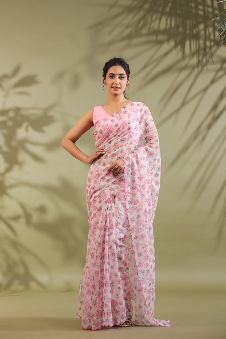 Doria Blush Pink Floral Printed Kota Doria Saree