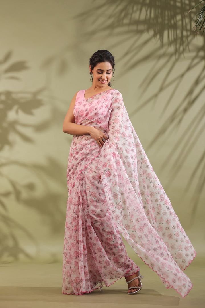 Doria Blush Pink Floral Printed Kota Doria Saree