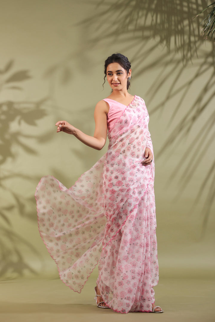 Doria Blush Pink Floral Printed Kota Doria Saree