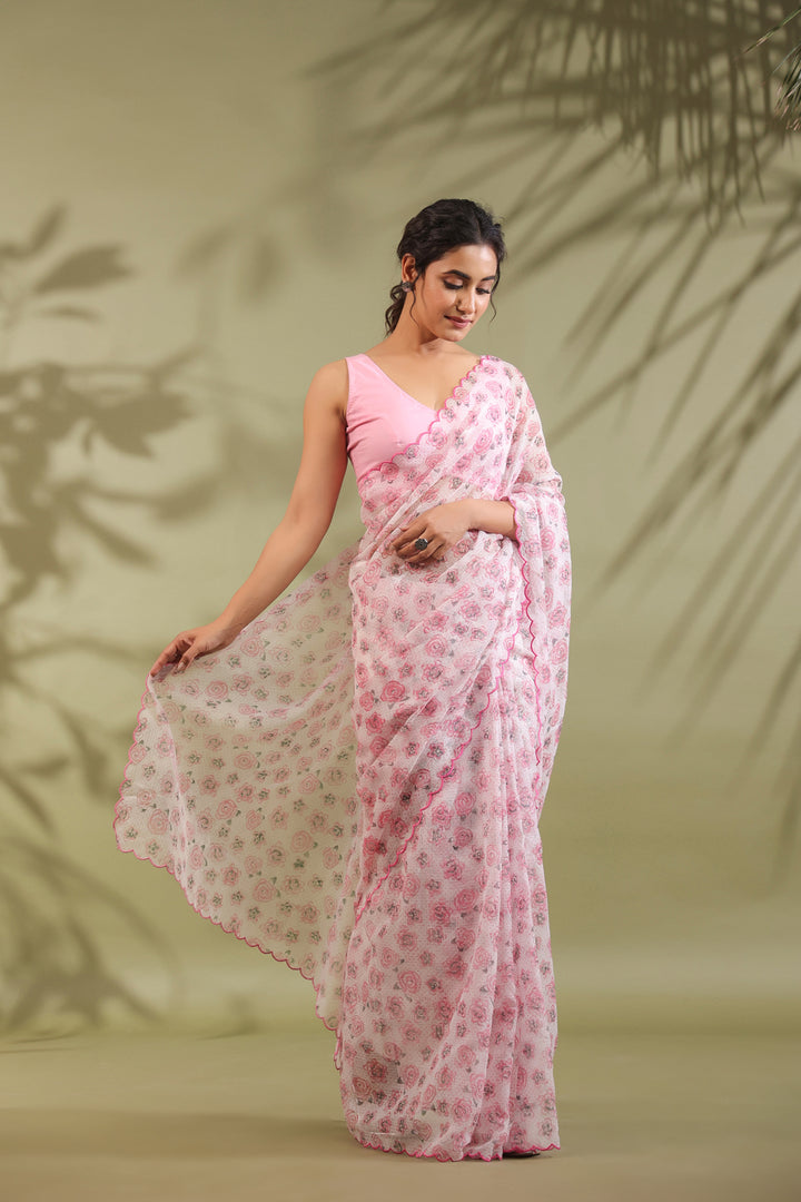 Doria Blush Pink Floral Printed Kota Doria Saree