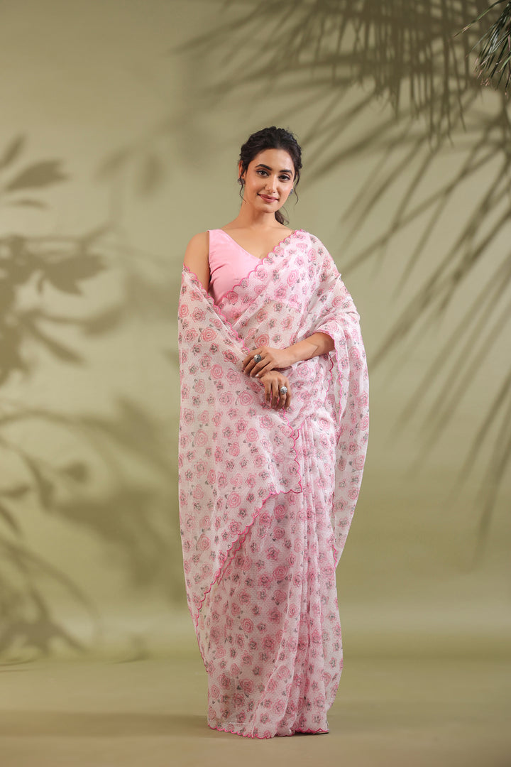 Doria Blush Pink Floral Printed Kota Doria Saree