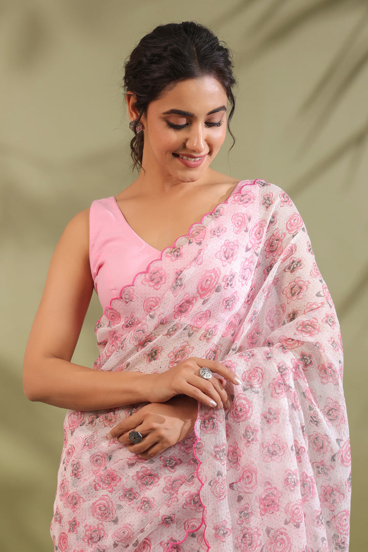 Doria Blush Pink Floral Printed Kota Doria Saree