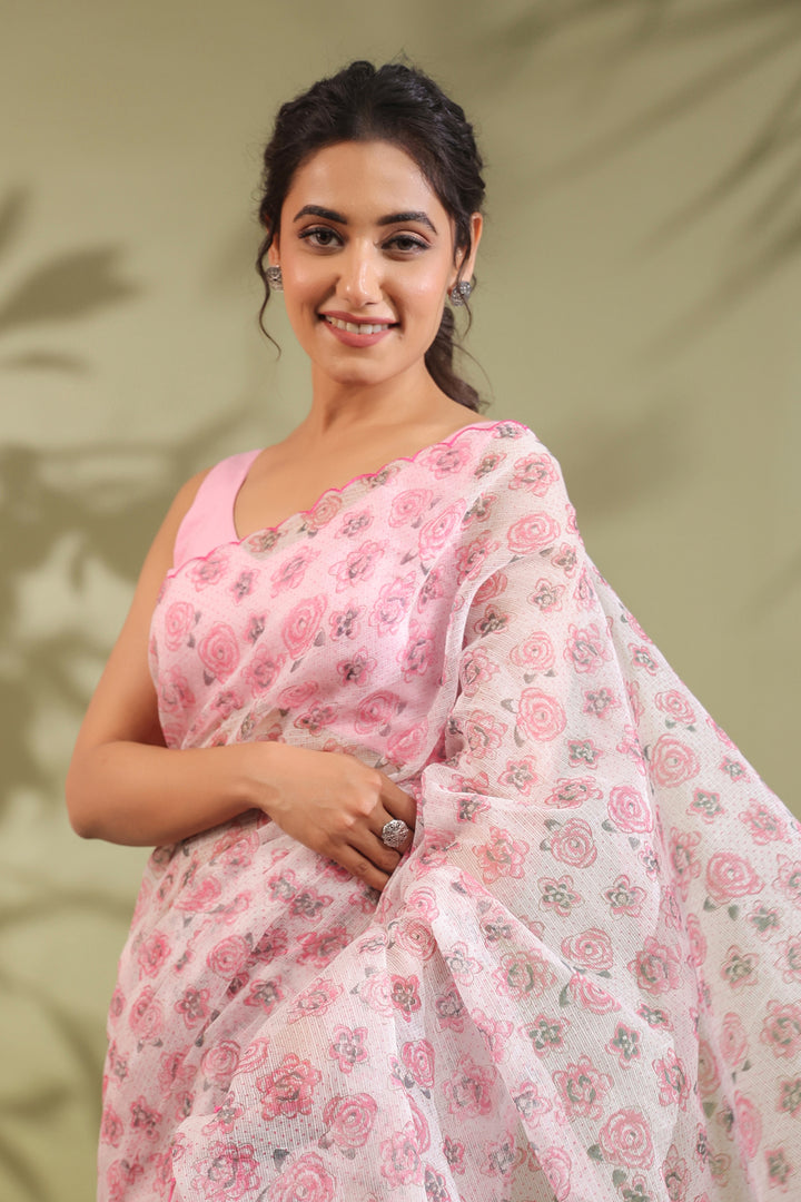Doria Blush Pink Floral Printed Kota Doria Saree