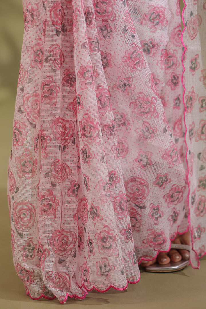 Doria Blush Pink Floral Printed Kota Doria Saree