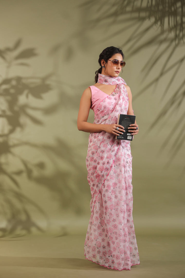 Doria Blush Pink Floral Printed Kota Doria Saree