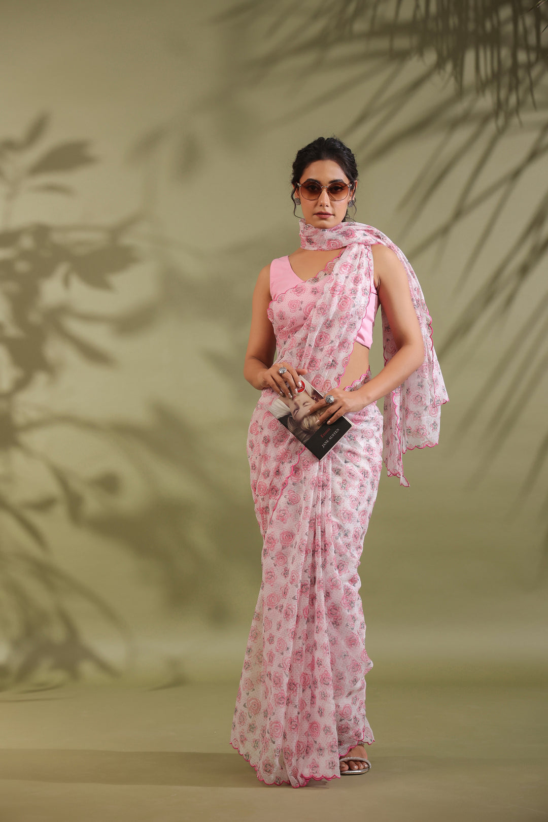 Doria Blush Pink Floral Printed Kota Doria Saree