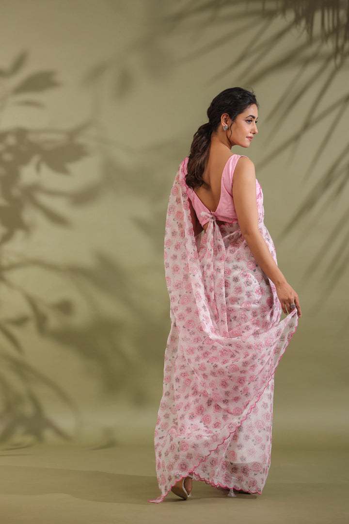 Doria Blush Pink Floral Printed Kota Doria Saree