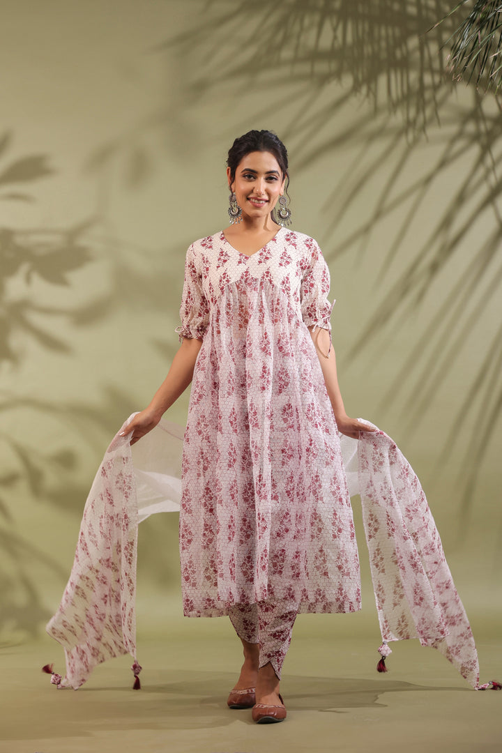 AW-DO-08 - HAND BLOCK PRINTED KOTA DORIA & COTTON SUIT SET OF 3